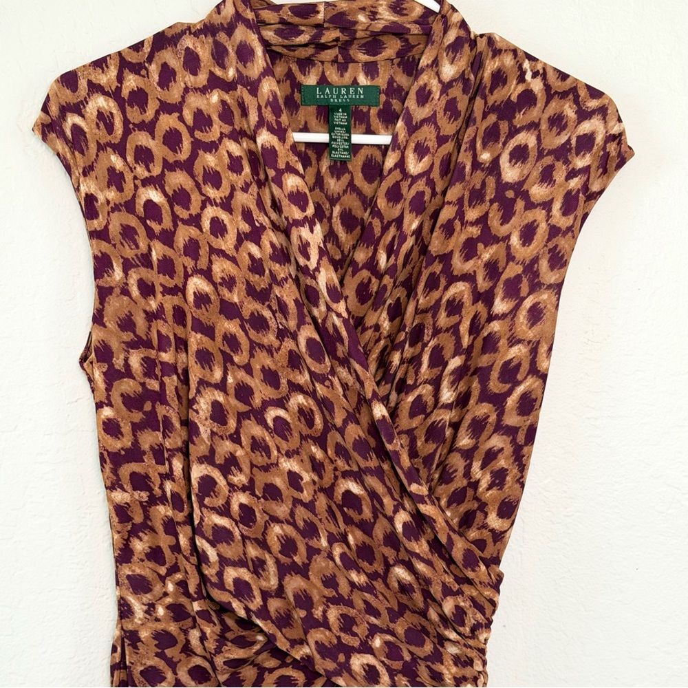 Lauren Ralph Lauren Faux Wrap Midi Dress Leopard Print Purple and Brown Size 4 - Picture 4 of 9